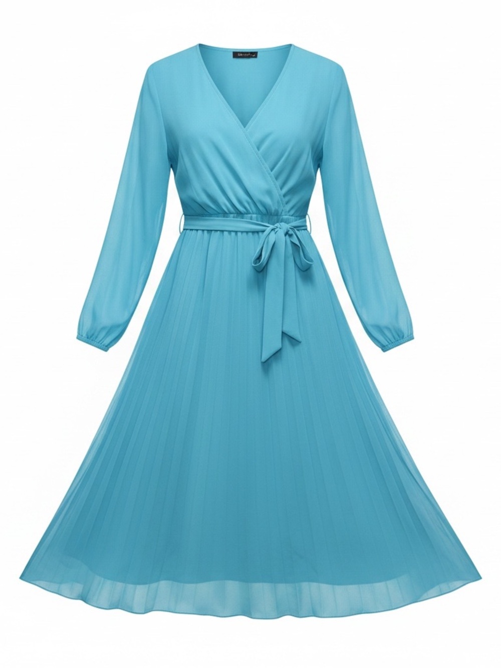 Sky Blue Long Sleeve Wrap Midi Dress with Waist Tie